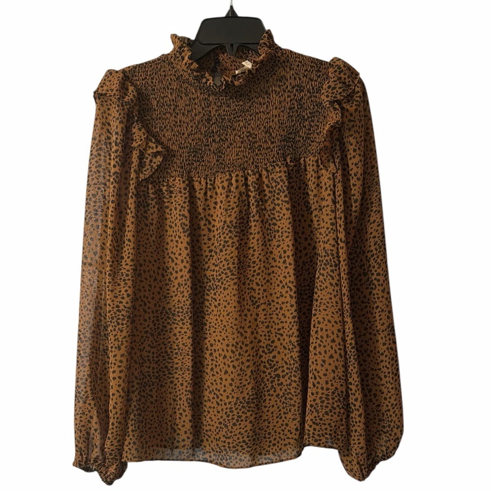 ee:some Leopard Print Smocked Blouse Medium | Sheer Long Sleeve Ruffle Top